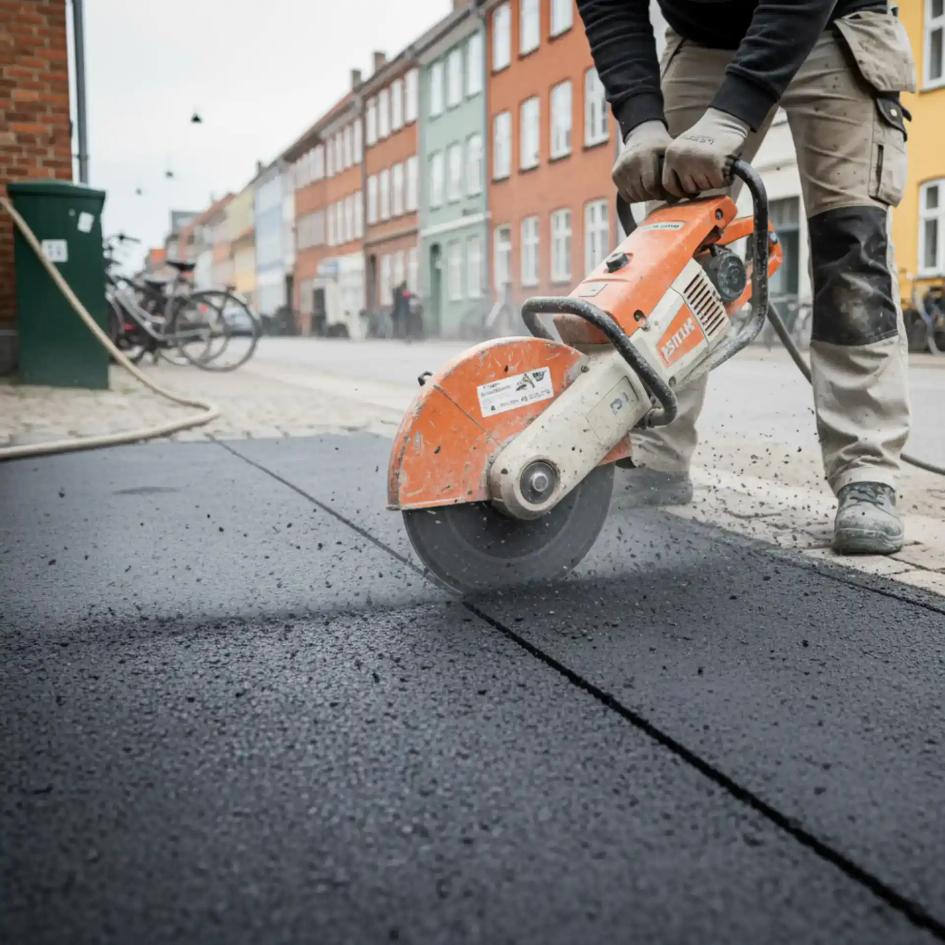 Betonbelægning bliver lagt med en fliseskærer i et boligområde.