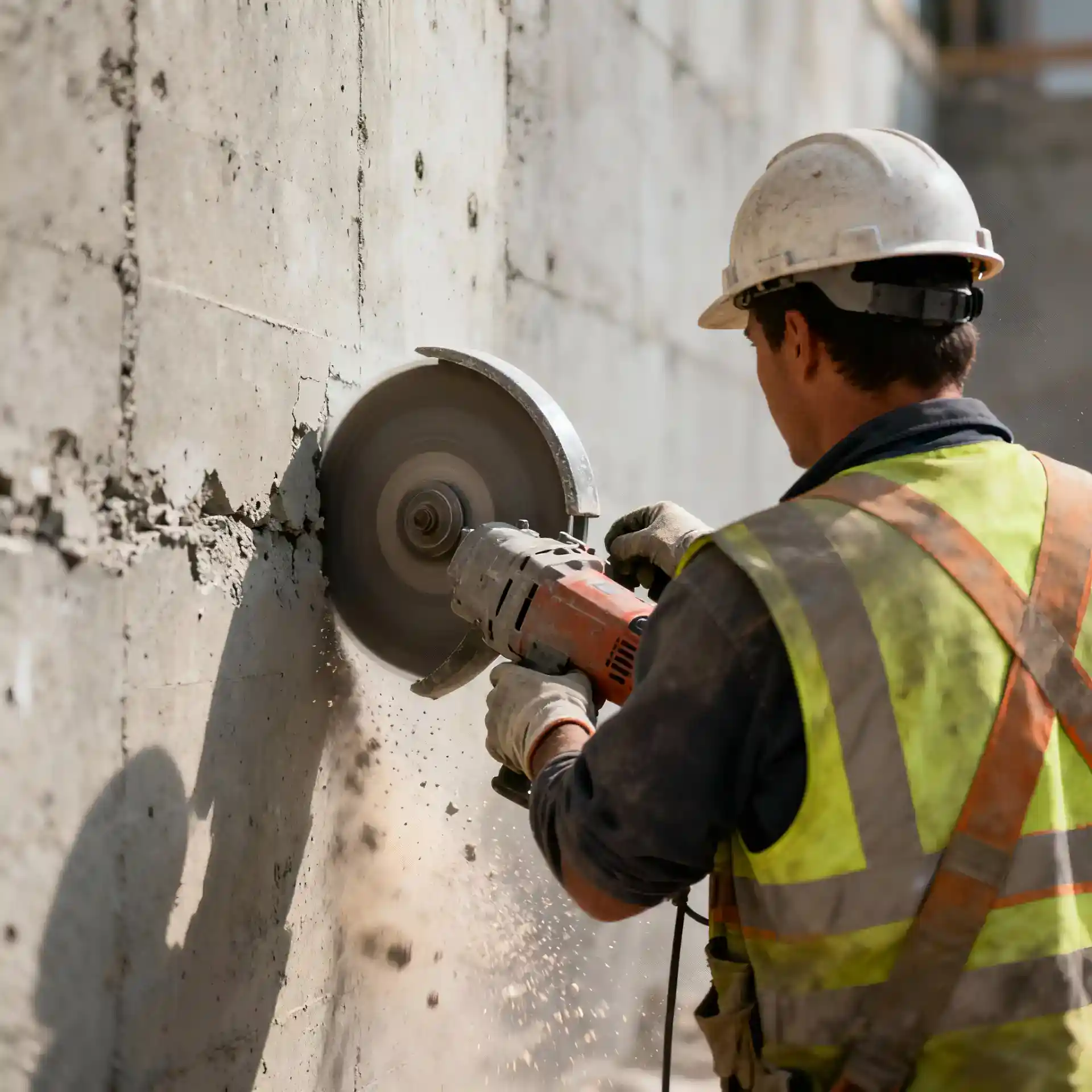 Boring af betonvæg med beton- og murerarbejde, professional construction work, at work on building site.