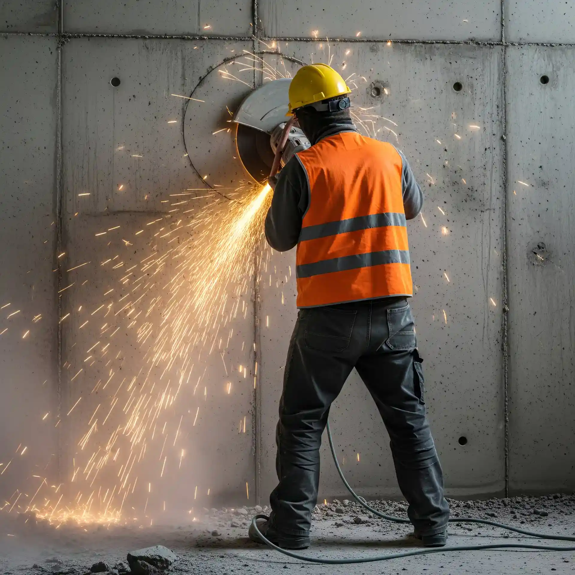 Eksprocering af betonvæg med vinkelsliber.