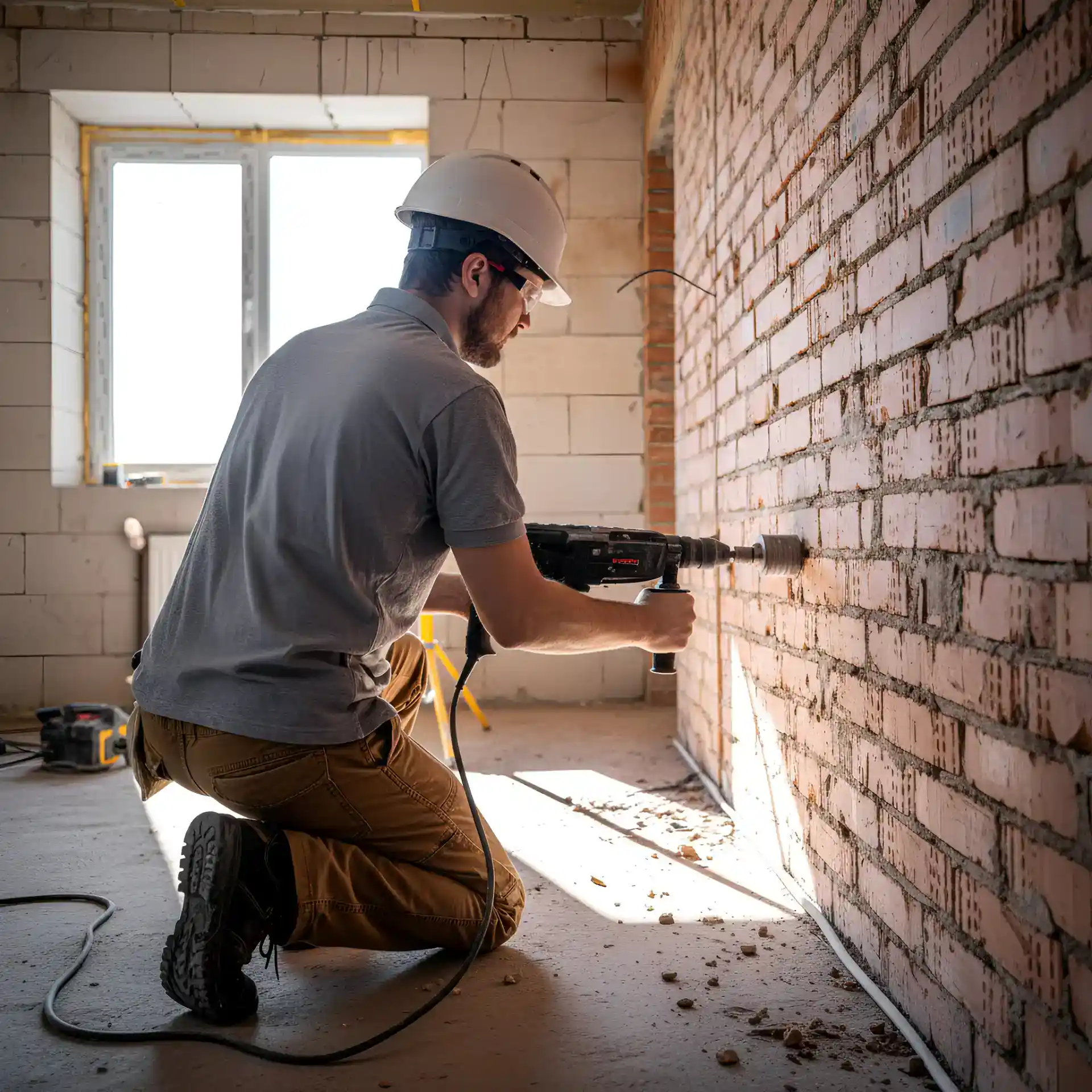 Billedbeskrivelse: Mand i hjelm arbejder med boremaskine på rå væg i nybyggeri.