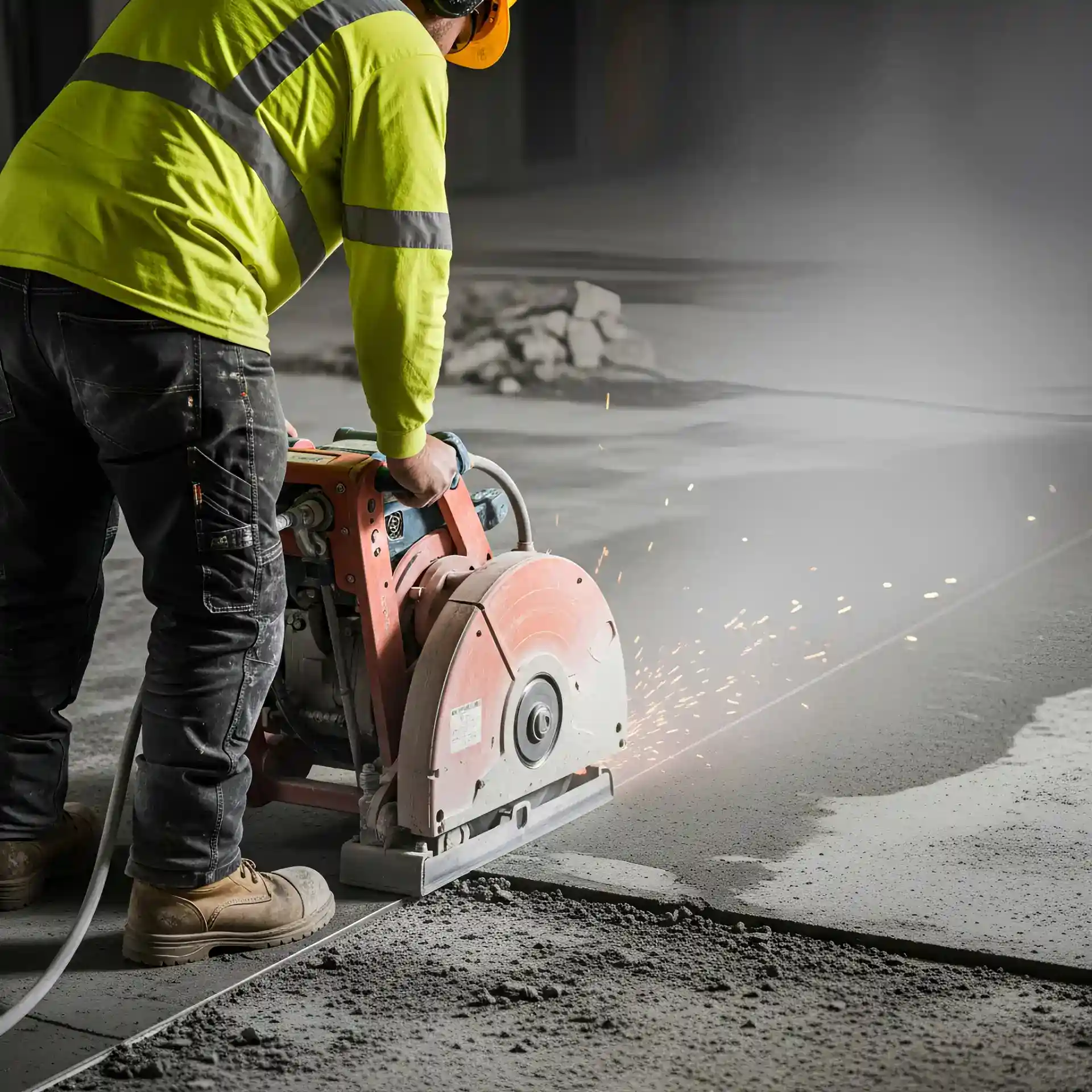 Håndværker skærer beton med vinkelsliber, arbejde på byggepladsen.