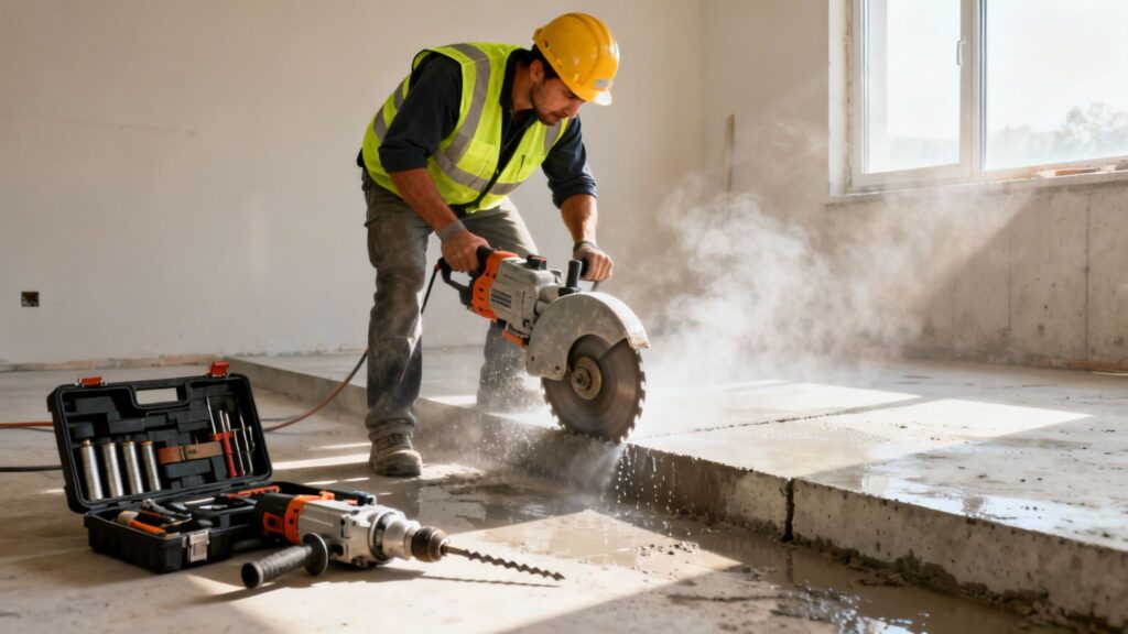 Brolægger, der arbejder med betonfliseudlægning i et nyt byggeri.
