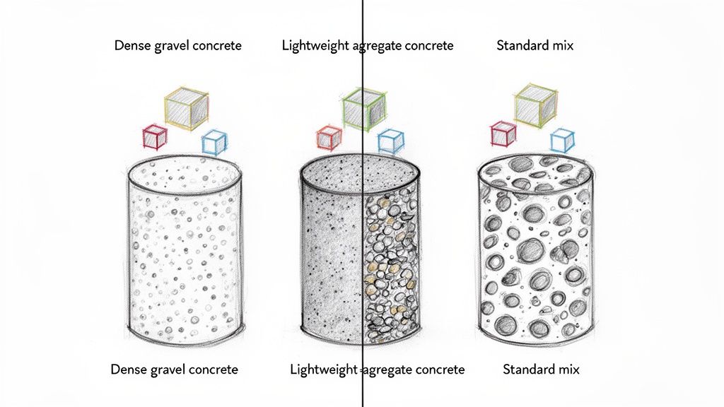 Illustration af tre typer beton: tæt grusbeton, letvægtsbeton og standardblanding, der viser forskellige indre strukturer.