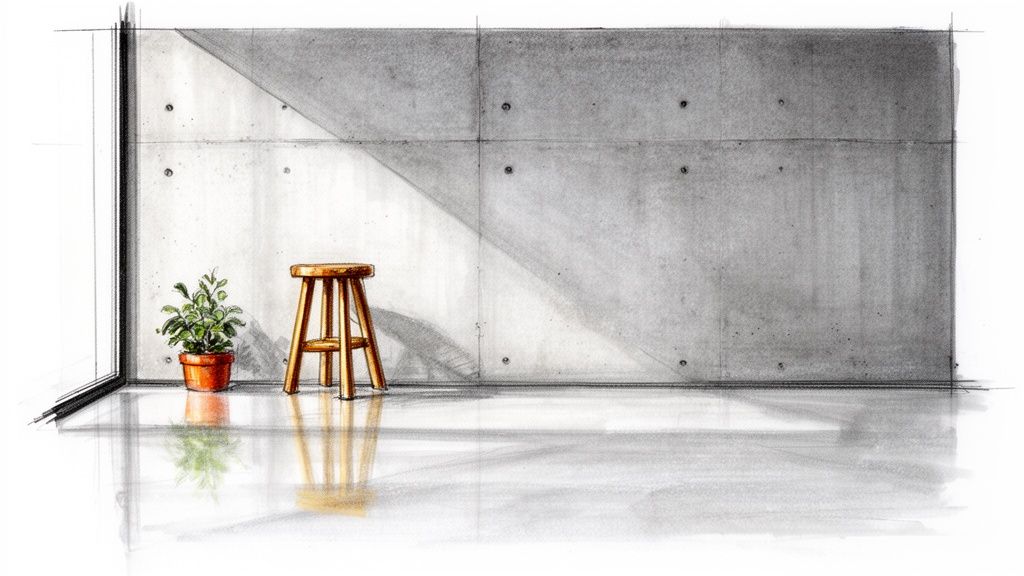 Skitseret minimalistisk rum med betonvæg, træskammel, potteplante og sollys med skygge på gulvet.