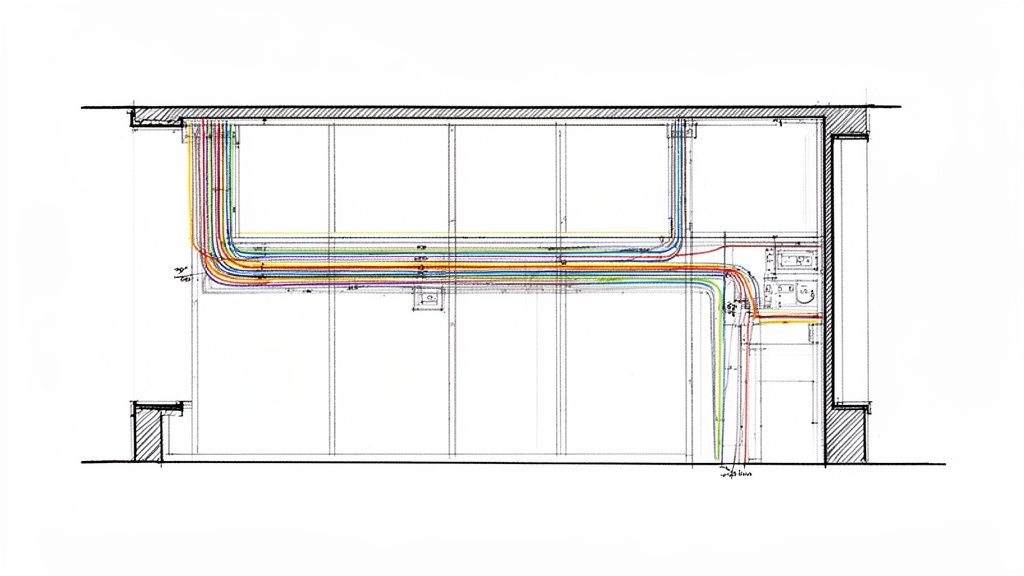 Detaljeret tværsnit af bygningsinstallationer med mange farvede rør eller kabler.