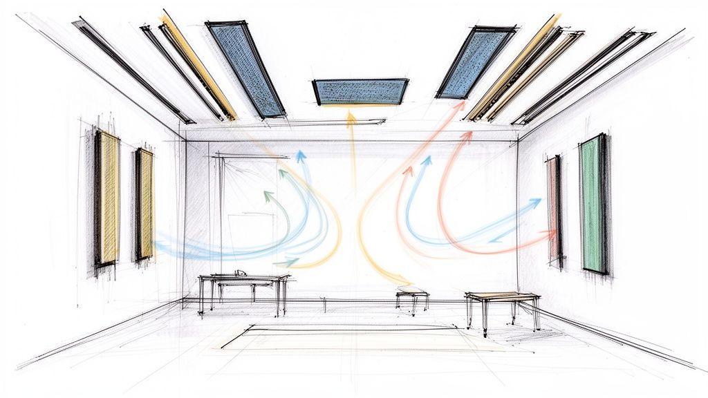 Detaljeret skitse af et rum med loftspaneler, ventilation og luftstrøm, der viser klima kontrol.