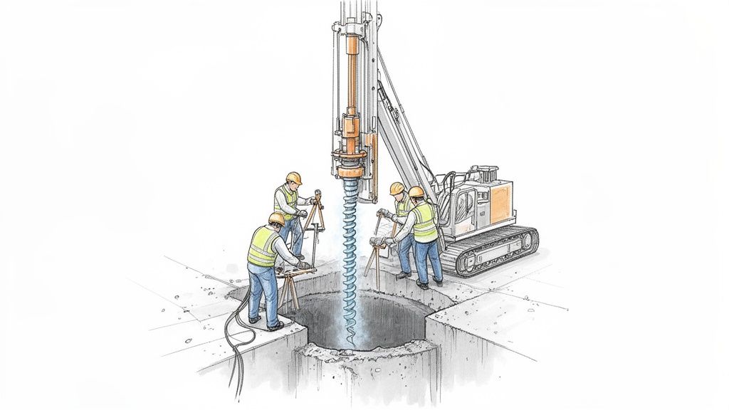 Fire arbejdere i sikkerhedsudstyr borer et dybt hul med en stor borerig på en byggeplads.