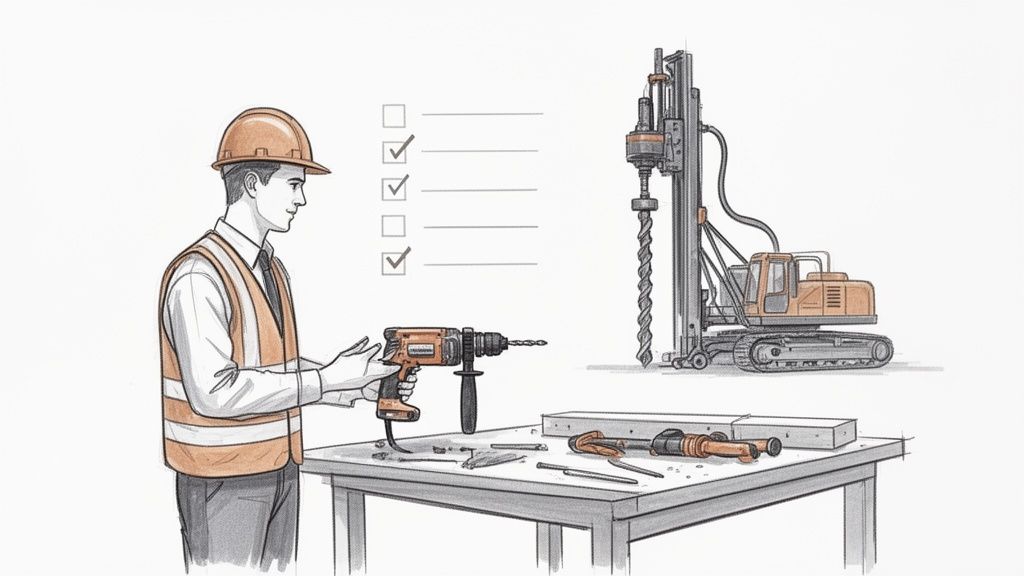 Mand i orange sikkerhedsvest og hjelm holder en boremaskine ved et bord med værktøj og en checkliste. En stor borerig ses i baggrunden.