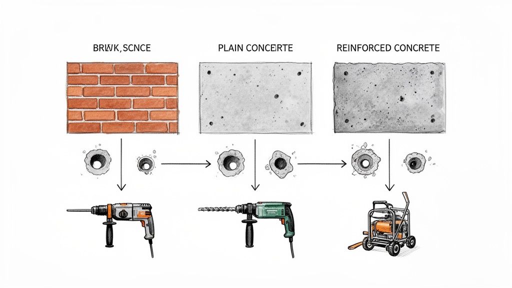 Boreværktøjer til mursten, almindelig beton og armeret beton, med illustration af de nødvendige maskiner.