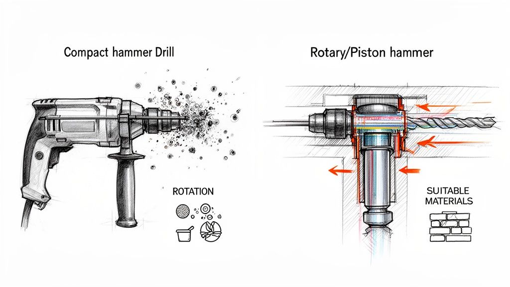 En illustration der sammenligner en kompakt slagboremaskine og en borehammer, viser deres funktioner og passende materialer.