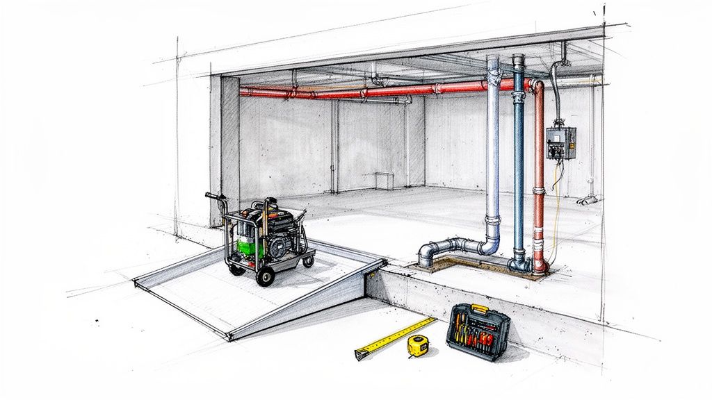 En detaljeret illustration af en kælder med rør, en generator på en rampe, et målebånd og en værktøjskasse.