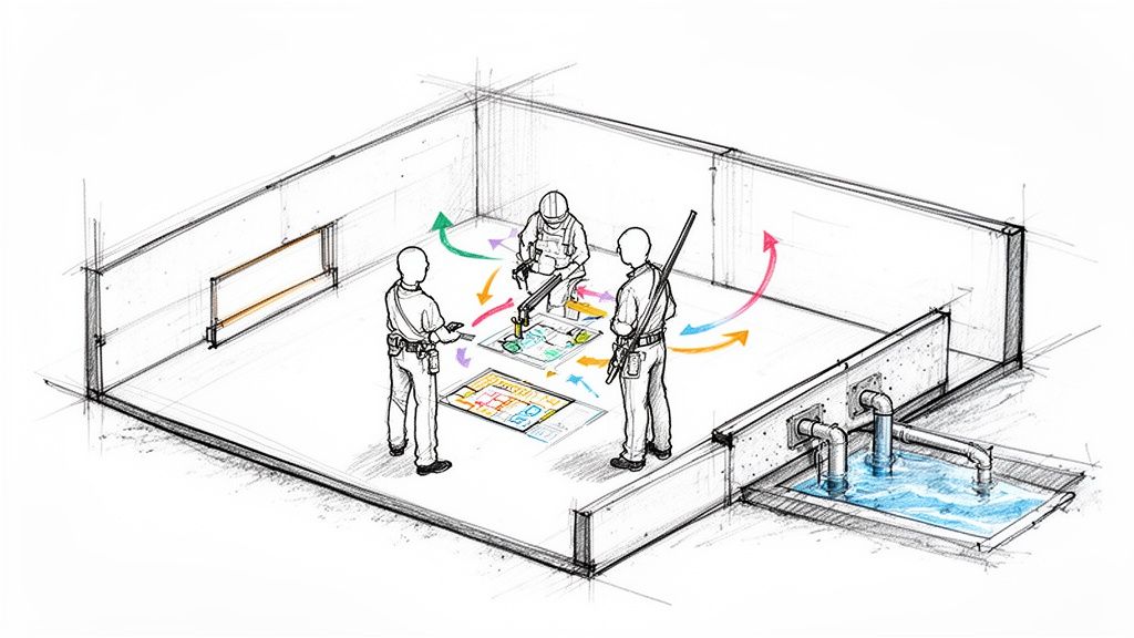 Tre bygningsarbejdere gennemgår byggeplaner med augmented reality og diskuterer installationer i en kælder.