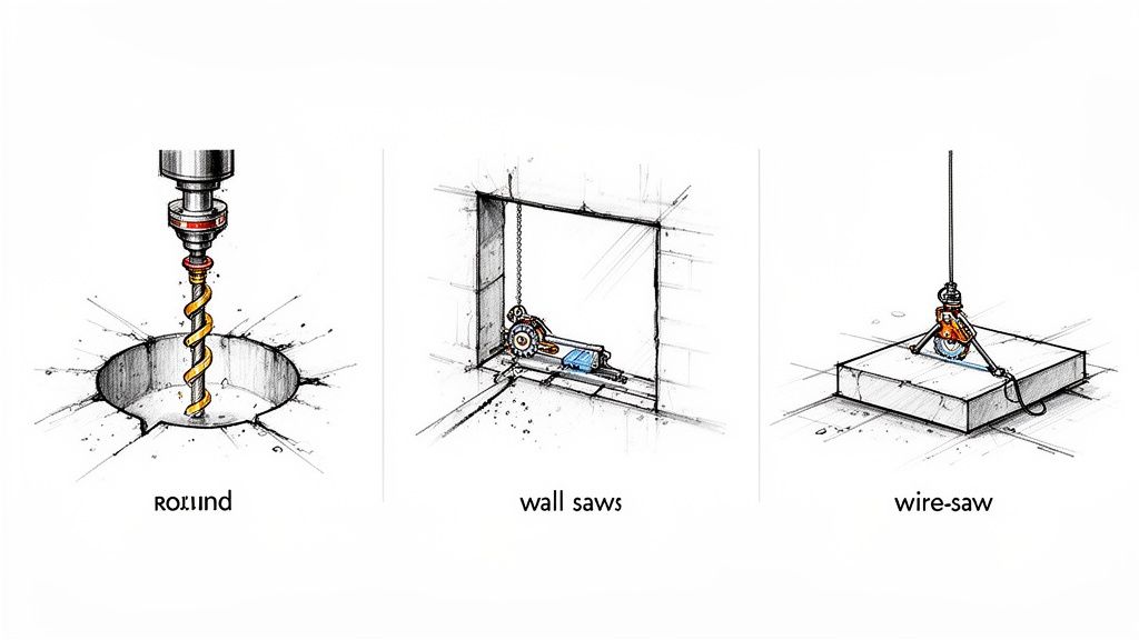 Tre illustrationer af forskellige værktøjer og metoder til skæring og boring i beton, inklusiv rundbor, vægsav og wiresav.
