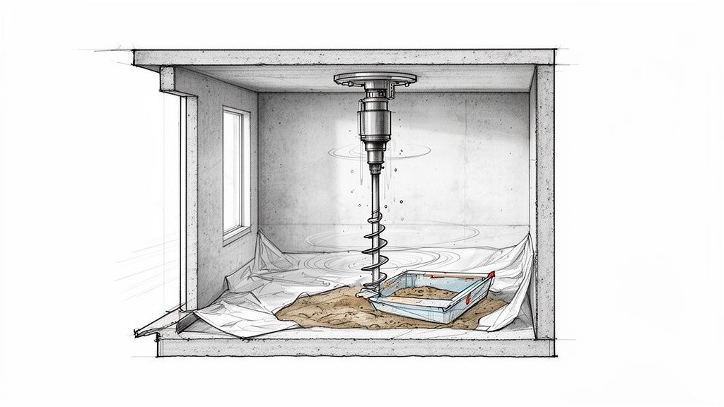 Illustration i tværsnit af en kælder, hvor en boremaskine borer ned i jorden, med plastik og en bakke.