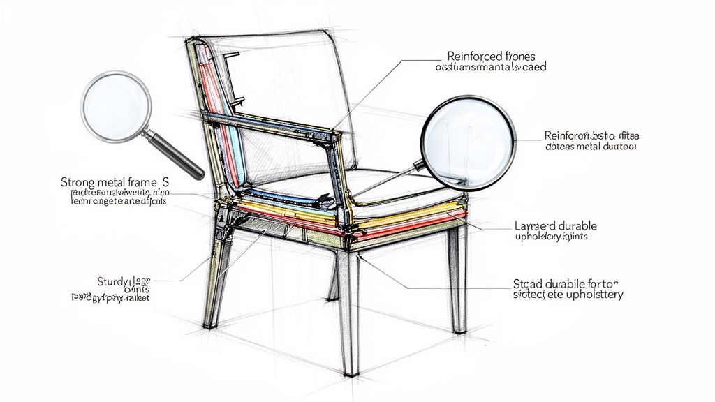 Detaljeret skitse af en stol, der viser dens interne konstruktion med metalramme og lagdelt polstring.