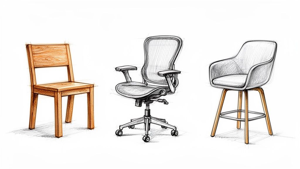 En tegning viser tre forskellige stole: en solid træspisestol, en justerbar kontorstol og en moderne barstol.