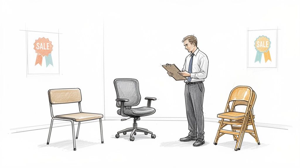 Mand gennemgår forskellige stole i et butikslignende rum med tilbudsskilte på væggen.