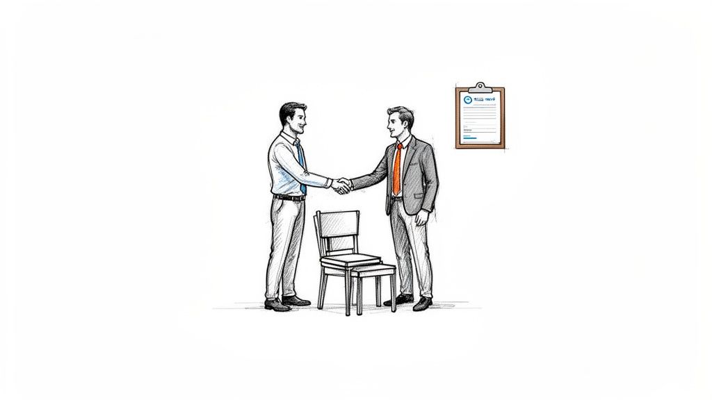 Illustration af to mænd, der giver hånd, med en stol og et dokument. Et forretningsmøde eller aftale.