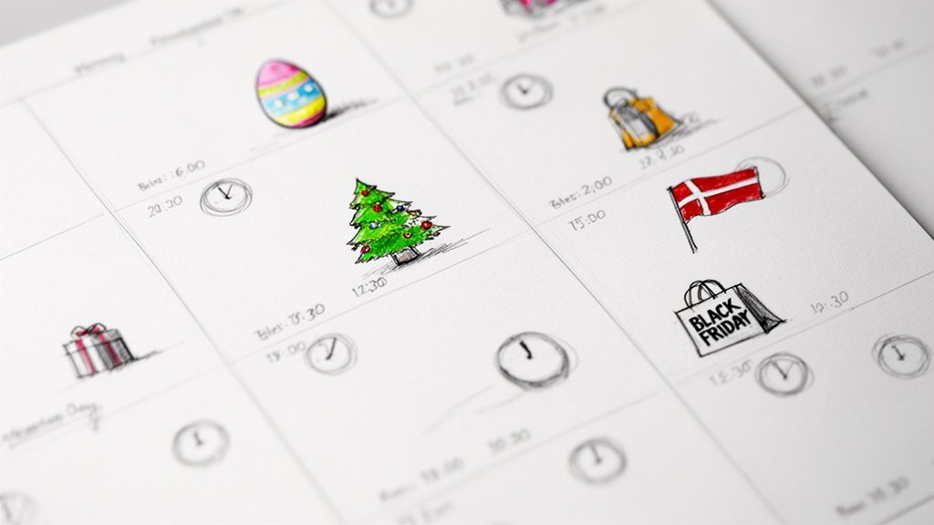 Nærbillede af en kalender med håndtegnede illustrationer af helligdage som påske, jul, Black Friday og et dansk flag.