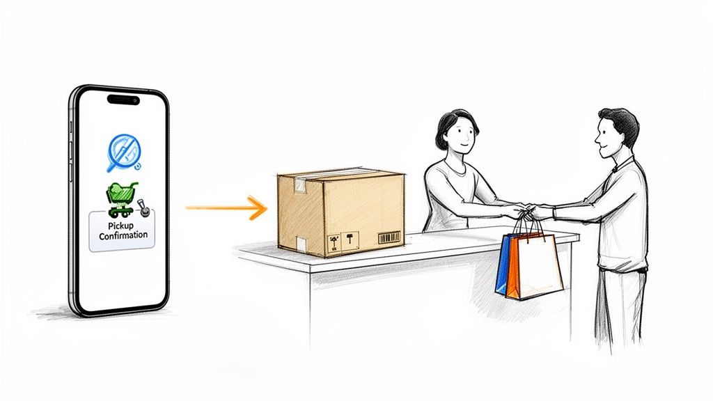 Billede af afhentning i butik, hvor en kunde modtager varer bekræftet via telefonapp.