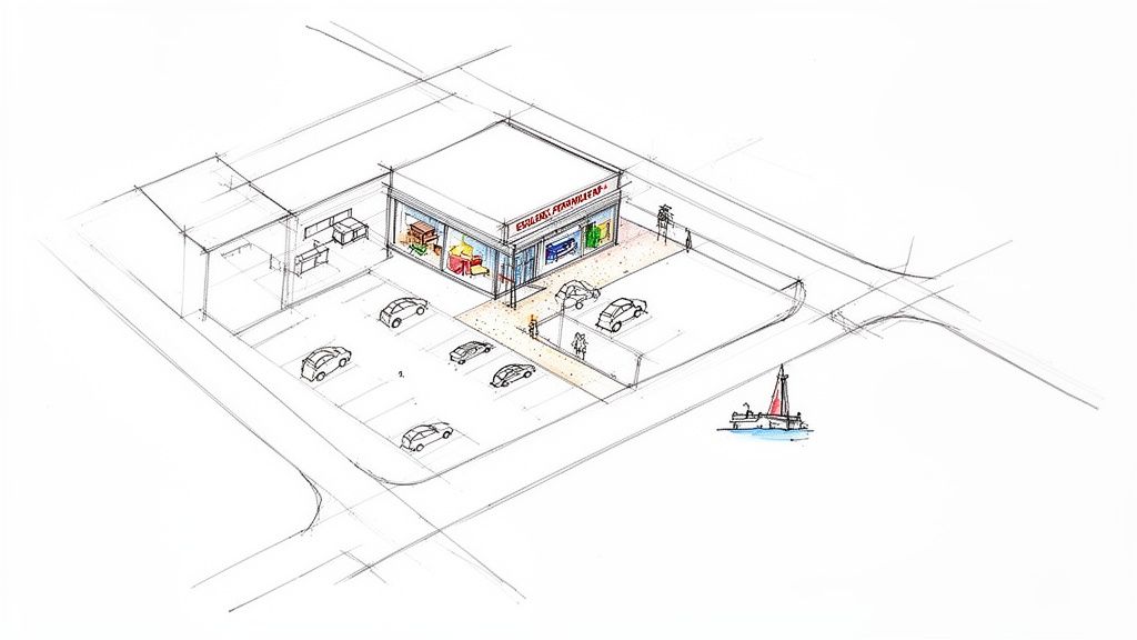 Arkitektonisk skitse af en butik (muligvis JYSK i Esbjerg) med parkeringsplads, biler og en sejlbåd.