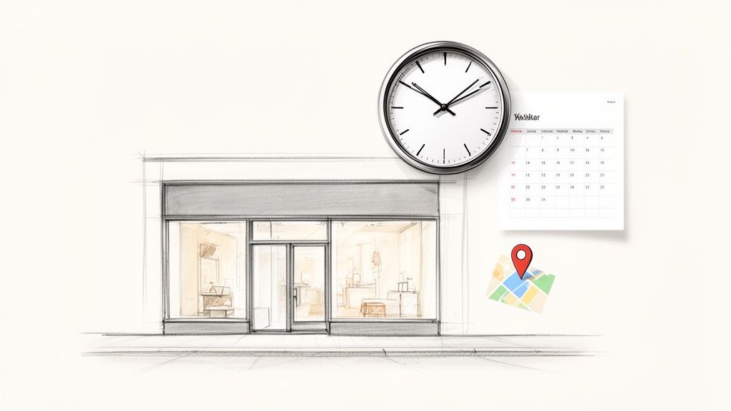 En skitseret butiksfacade med et ur, en kalender og et kort, der symboliserer åbningstider og placering.