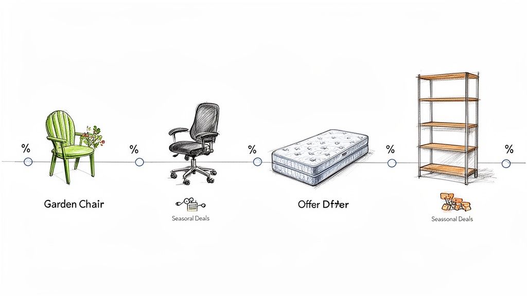 Billede viser en tidslinje med tilbud og sæsonrabatter på møbler som havestol, kontorstol, madras og reol.