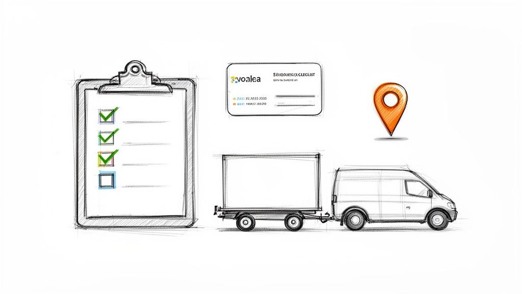 En tegning af en udklipsholder med checkliste, et visitkort, en lokationsnål og en varevogn med trailer.