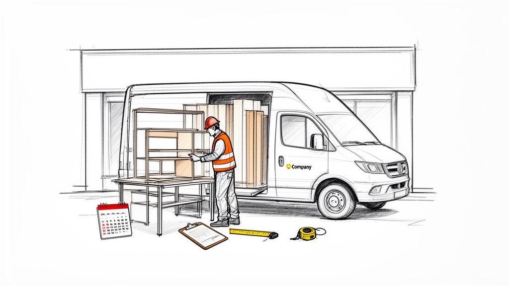 En arbejder i sikkerhedsudstyr samler møbler ved siden af en leveringsvogn, med værktøj liggende på jorden.