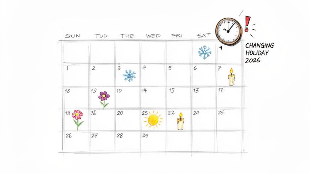 En håndtegnet kalender med forskellige symboler for helligdage og begivenheder samt en note om "CHANGING HOLIDAY 2026".