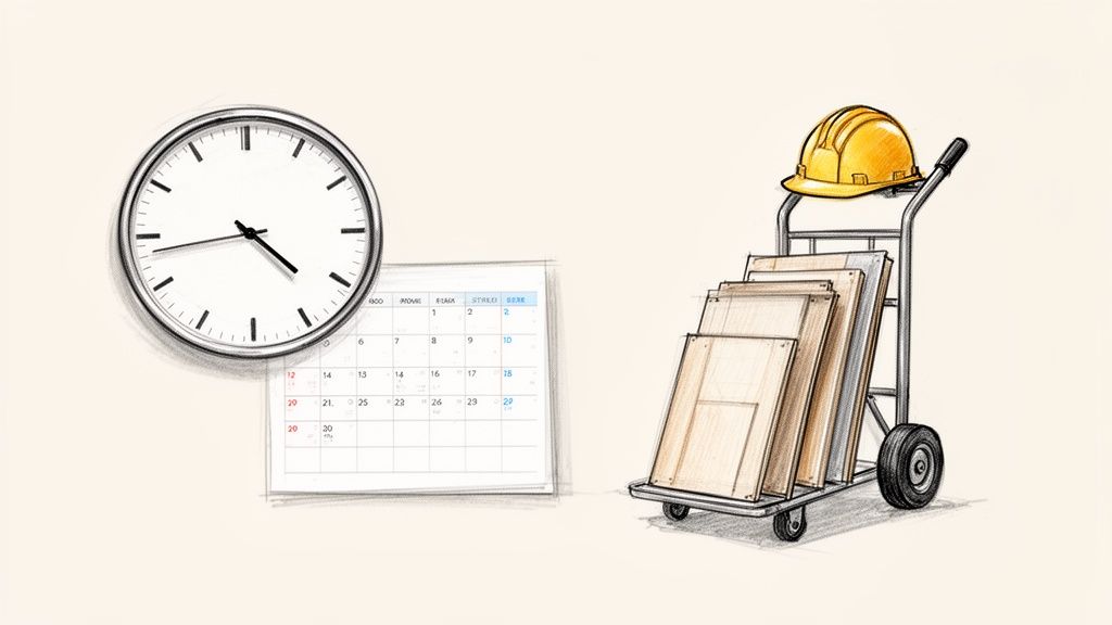 En tegning af et ur, en kalender og en sækkevogn med byggematerialer og en hjelm, der symboliserer planlægning og levering.