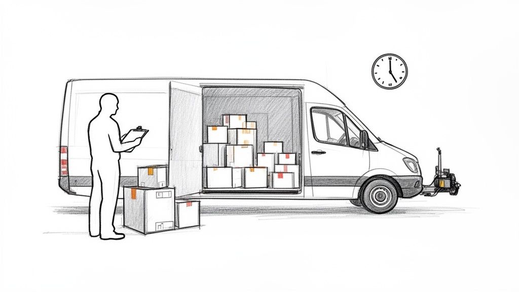 En leveringsmand tjekker en oversigt ved siden af en varevogn fyldt med pakker, klar til levering.