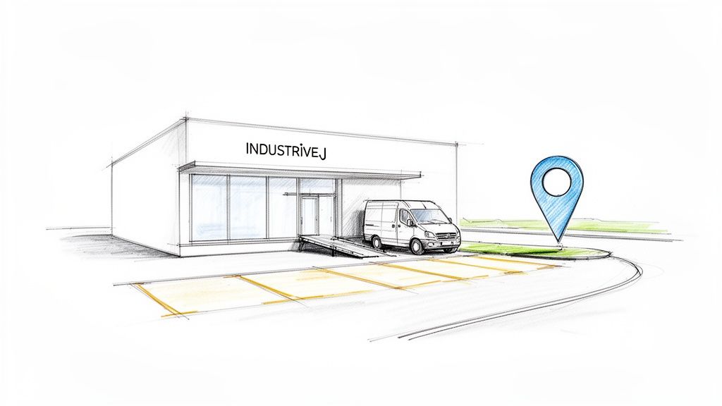 Skitse af en industribygning kaldet 'Industrivej' med en hvid varevogn, parkeringspladser og en blå lokationsnål.