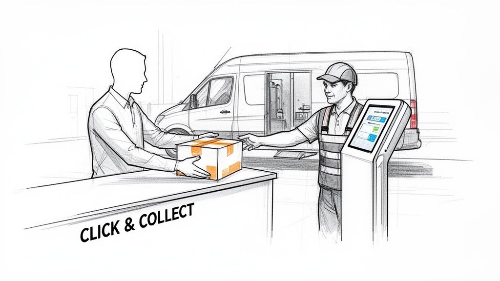 En mand afhenter en pakke fra en chauffør ved en Click & Collect-station med en varevogn i baggrunden.