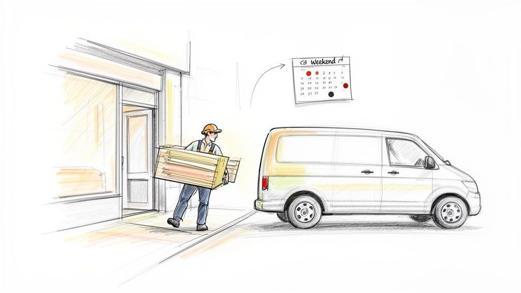 En bygningsarbejder bærer træplanker mod en varevogn med en kalender i baggrunden.