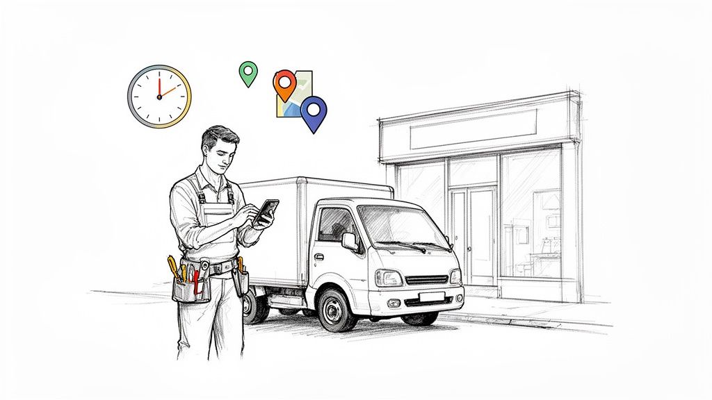 En mand i arbejdstøj tjekker sin telefon ved siden af en varevogn foran en butik. Tids- og lokationsikoner svæver over ham.