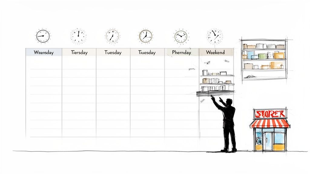 En ugentlig planlægger med en person, der organiserer hylder og en butiks-skitse.