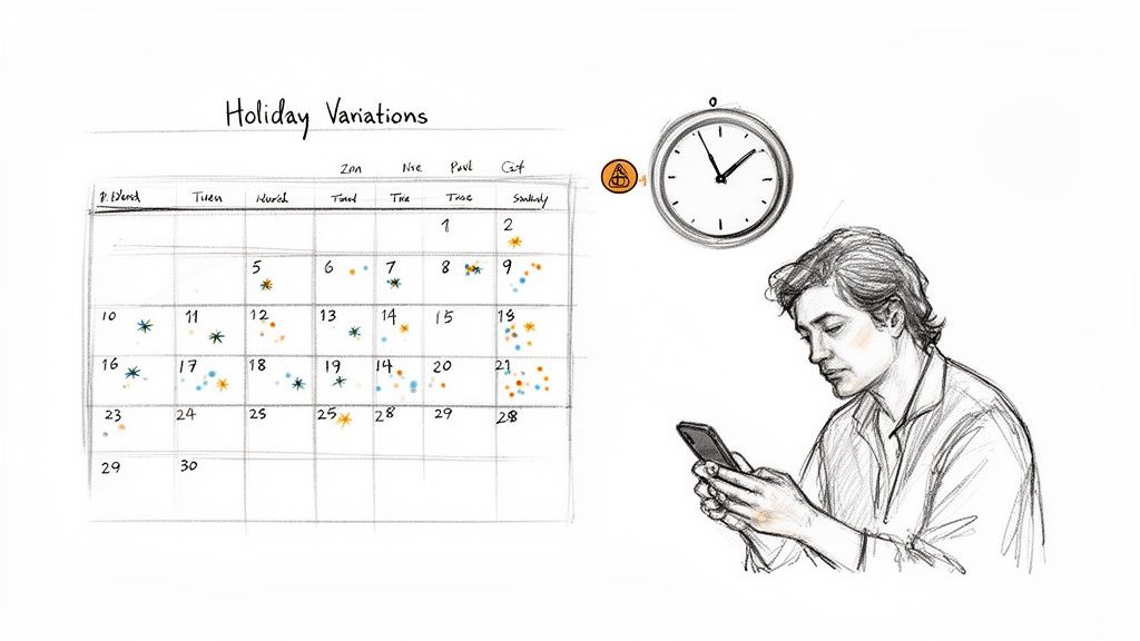 En kalender viser ferievariationer med farverige mærker, en mand kigger på sin telefon og et ur.