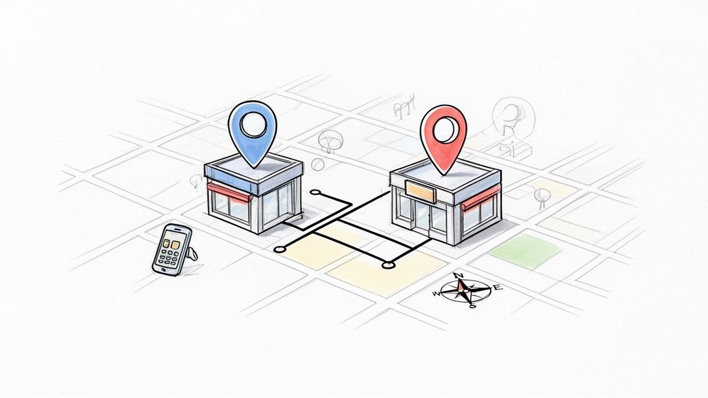 Et kort med to bygninger og placeringsnåle, en rute forbinder dem, med smartphone og kompas.