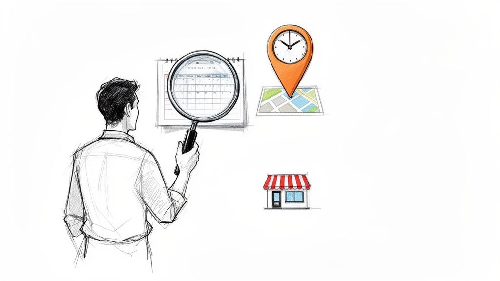 En person søger information om åbningstider, datoer og placering for en butik.