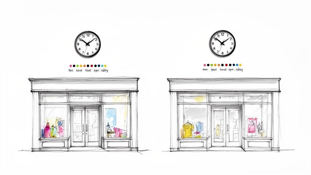 Tegning af to butiksfacader med ure og farvepaletter, der viser butikkers åbningstider og design.