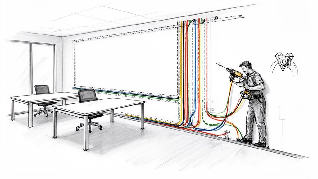 Elektriker installerer farverige kabler i en væg i et moderne kontor.