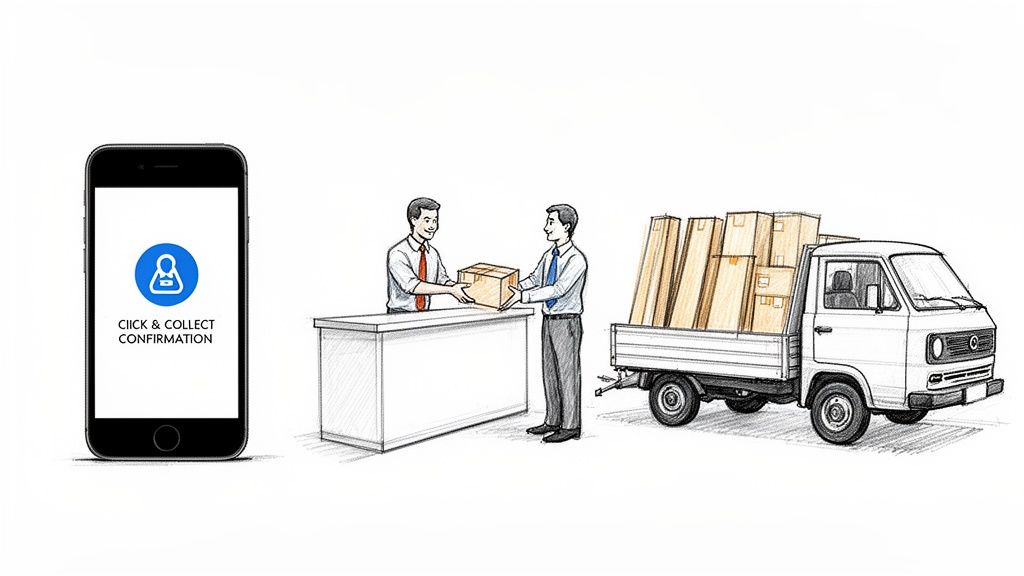 En illustration viser Click & Collect bekræftelse, kundeafhentning af pakke og en lastbil med varer.