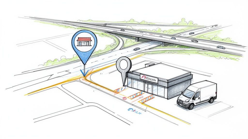 Kortillustration viser rute til virksomhed med butiksfacade og varevogn parkeret, nær en motorvejskrydsning.