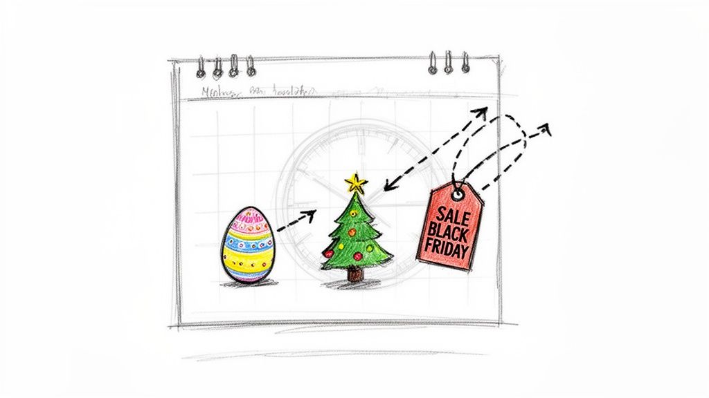 En skitse af en kalender med et påskeæg, juletræ og et Black Friday-udsalgsskilt, der illustrerer årets begivenheder.