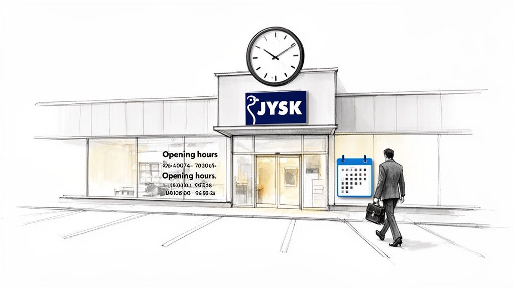 Tegning af en JYSK butik med åbningstider, et ur og en mand der går mod indgangen.