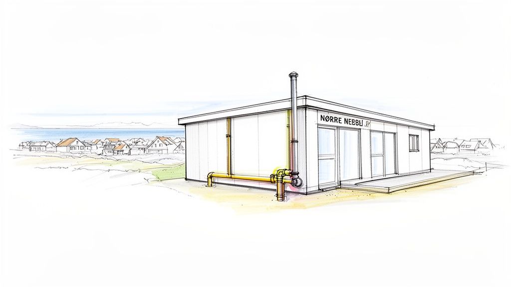 En skitse af en hvid bygning med gule rør og en skorsten, med teksten NØRRE NEBBU, foran en kystby med hav.