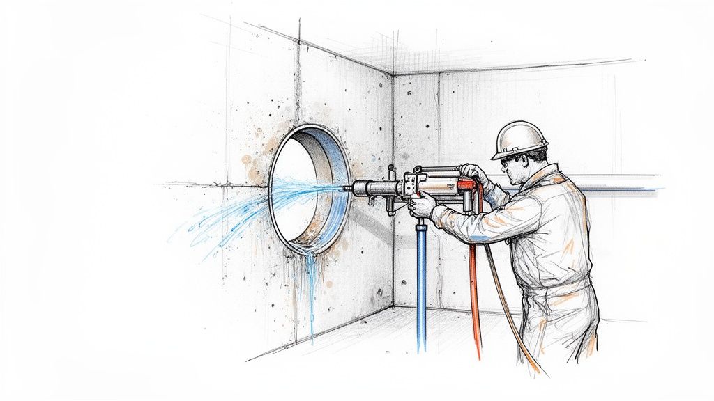 En arbejder udfører præcisionskernboring i en betonvæg ved hjælp af vandkøling.