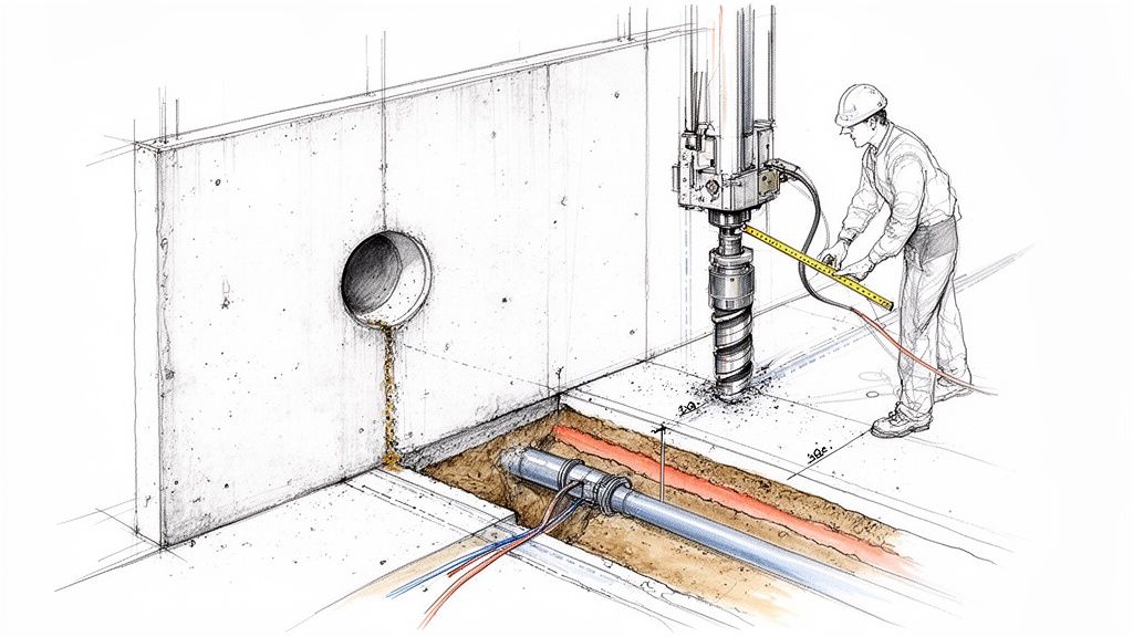 Illustration af en arbejder, der borer i et betongulv til installation af nedgravede rør ved en betonvæg.
