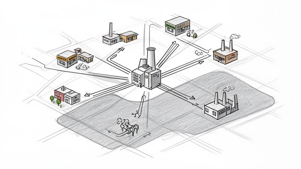 Illustration af fjernvarmenetværk, der forbinder et centralt anlæg med forskellige bygninger i et byområde, inklusive industrianlæg og boliger.